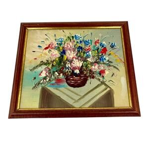 VTG Framed‎ Oil Painting Floral Still Life Basket of Flowers Bold Textured MCM